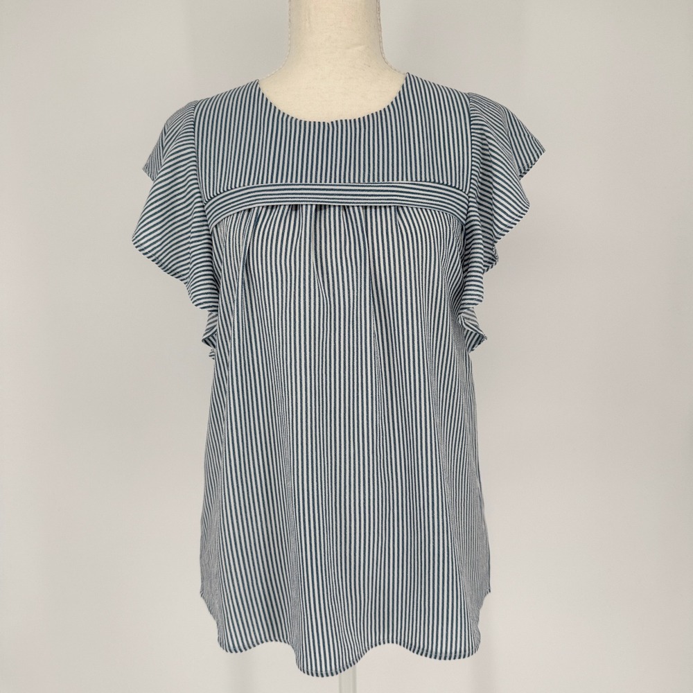 Monteau LA Striped Blouse XS Blue White Flutter Sleeve Ruffle Coastal Preppy Top